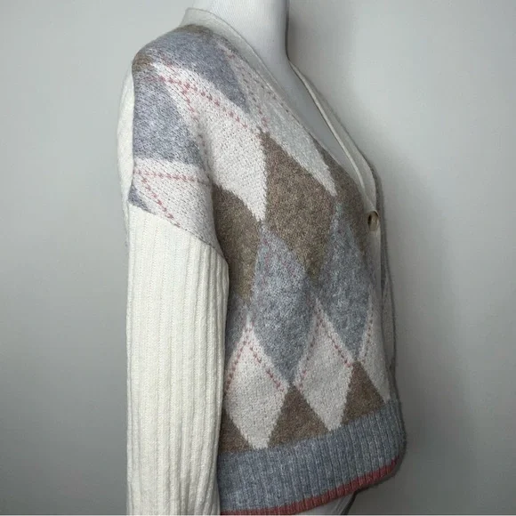 Rachel Zoe Academia Argyle Preppy Cardigan Sweater Size S Neutral Long Sleeve - Picture 2 of 12